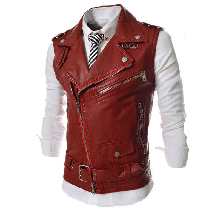 Men's sleeveless biker vest with asymmetric zipper, decorative belts and metal accents Mune Fashion