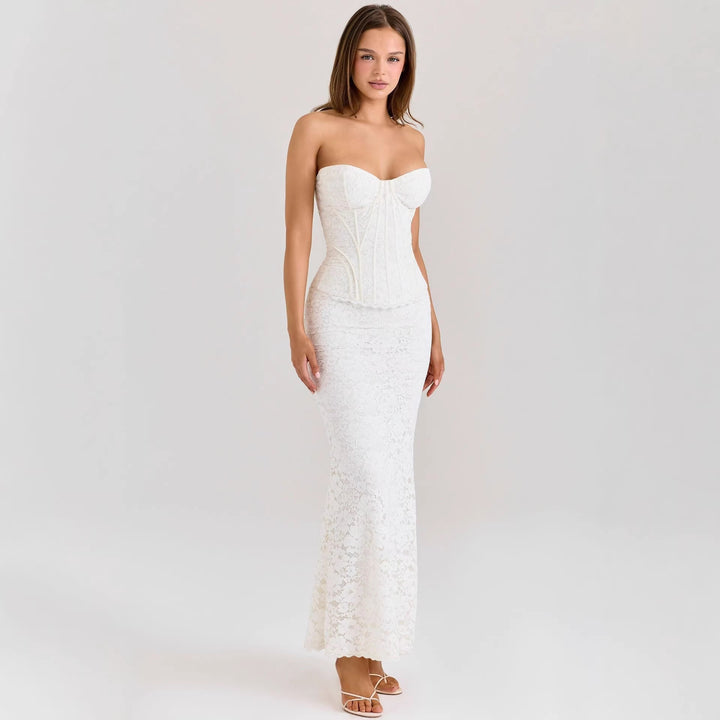Women's two-piece lace corset set with reinforced bustier and figure-hugging mermaid skirt Mune Fashion