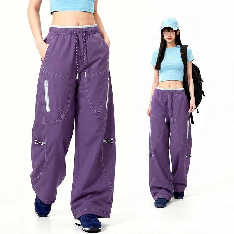 Women's Oversize Tech Lounge Pants with Contrast Seams, Reflective Zipper Pockets & Drawstring Waist Mune Fashion