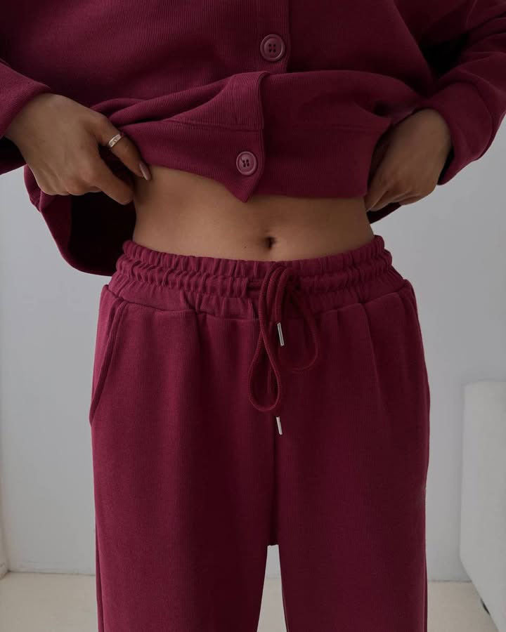 Women's Buttoned Cropped Lounge Set with Oversized Cardigan and High-Waisted Wide-Leg Jogging Pants Mune Fashion