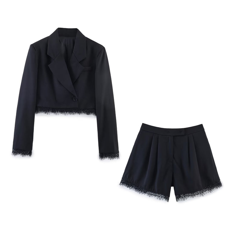 Women Cropped Blazer with Lace Trim, Tailored Single Button Silhouette Mune Fashion