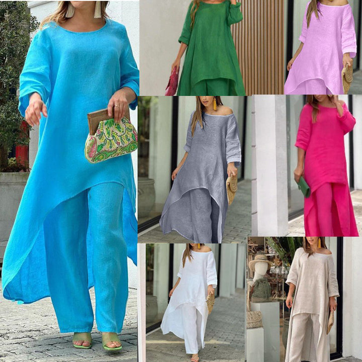 Women Lightweight Linen Two-Piece with Asymmetrical High-Low Tunic and Wide Palazzo Pants Mune Fashion