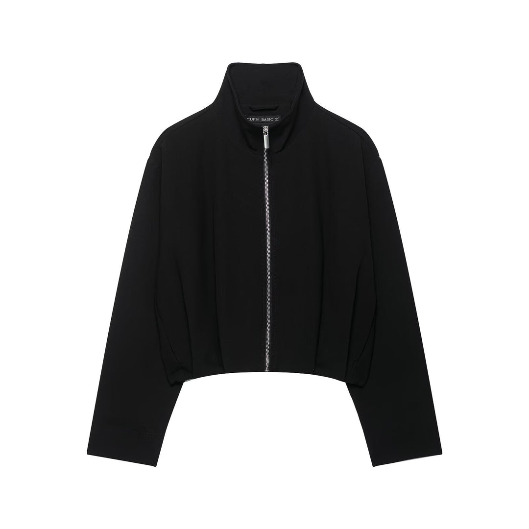 Women's Short Stand Collar Bomber Jacket with Zipper and Fitted Cuffs Mune Fashion
