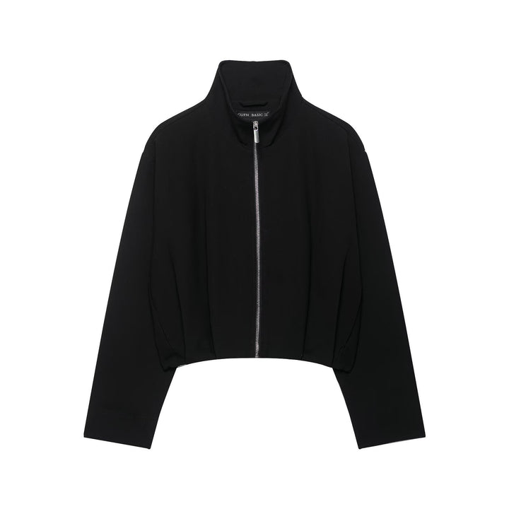 Women's Short Stand Collar Bomber Jacket with Zipper and Fitted Cuffs Mune Fashion