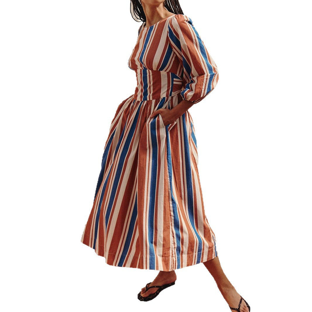 Women's Striped Midi Dress with Fitted Bodice, 3/4 Sleeves and Side Pockets Mune Fashion