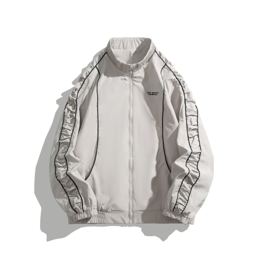 Women's Lightweight Bomber Jacket with Gathered Sleeves and Contrast Piping Mune Fashion