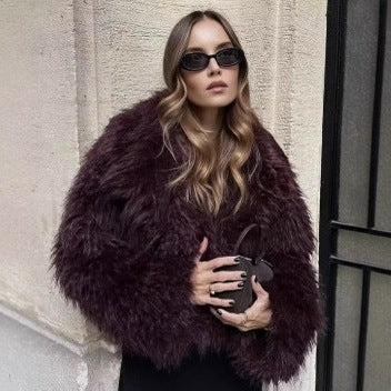 Women's short cozy faux fur cropped jacket with generous shawl collar and open front Mune Fashion