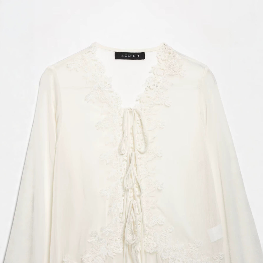 Women Romantic Chiffon Blouse with Lace Trim, V-Neck and Ruffle Layers Mune Fashion