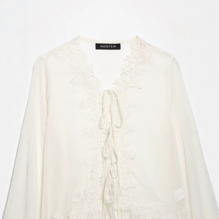 Women Romantic Chiffon Blouse with Lace Trim, V-Neck and Ruffle Layers Mune Fashion