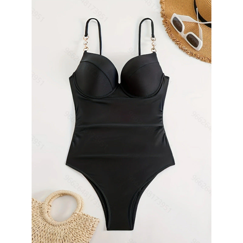Women Elegant High-Cut One-Piece Swimsuit with Fashionable Buckles Mune Fashion