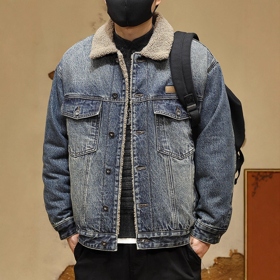 Men's Cozy Denim Jacket with Faux Fur Collar Mune Fashion