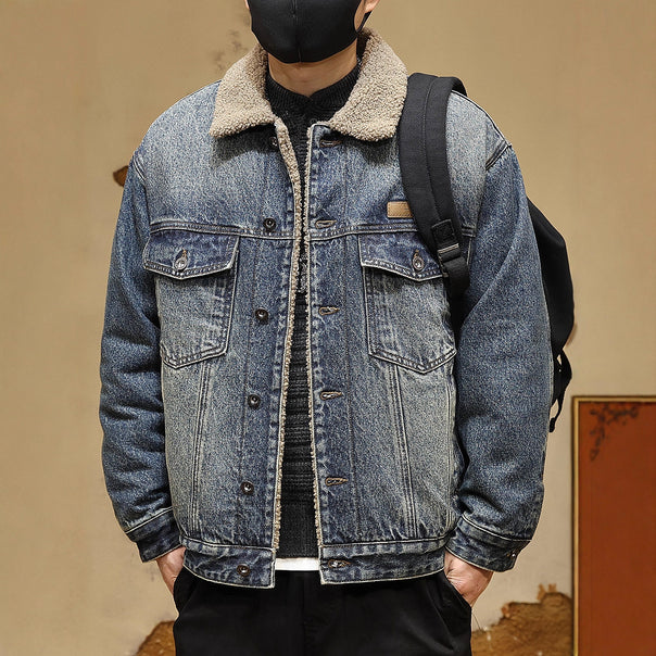 Men's Cozy Denim Jacket with Faux Fur Collar Mune Fashion