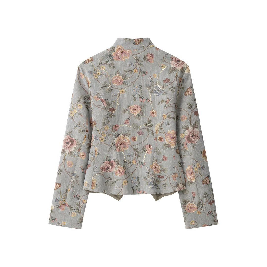 Ladies short jacket in jacquard floral pattern with stand-up collar and decorative button placket Drune