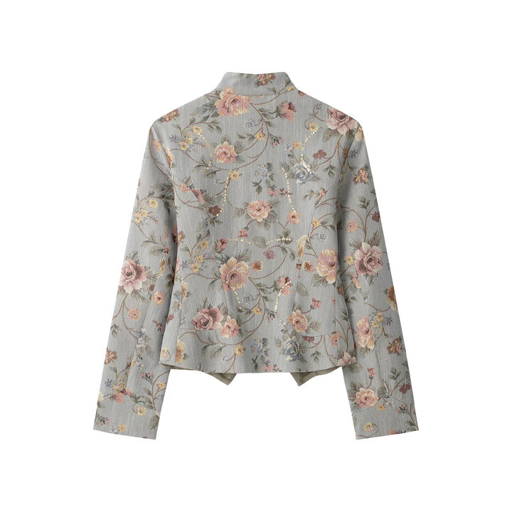 Ladies short jacket in jacquard floral pattern with stand-up collar and decorative button placket Drune