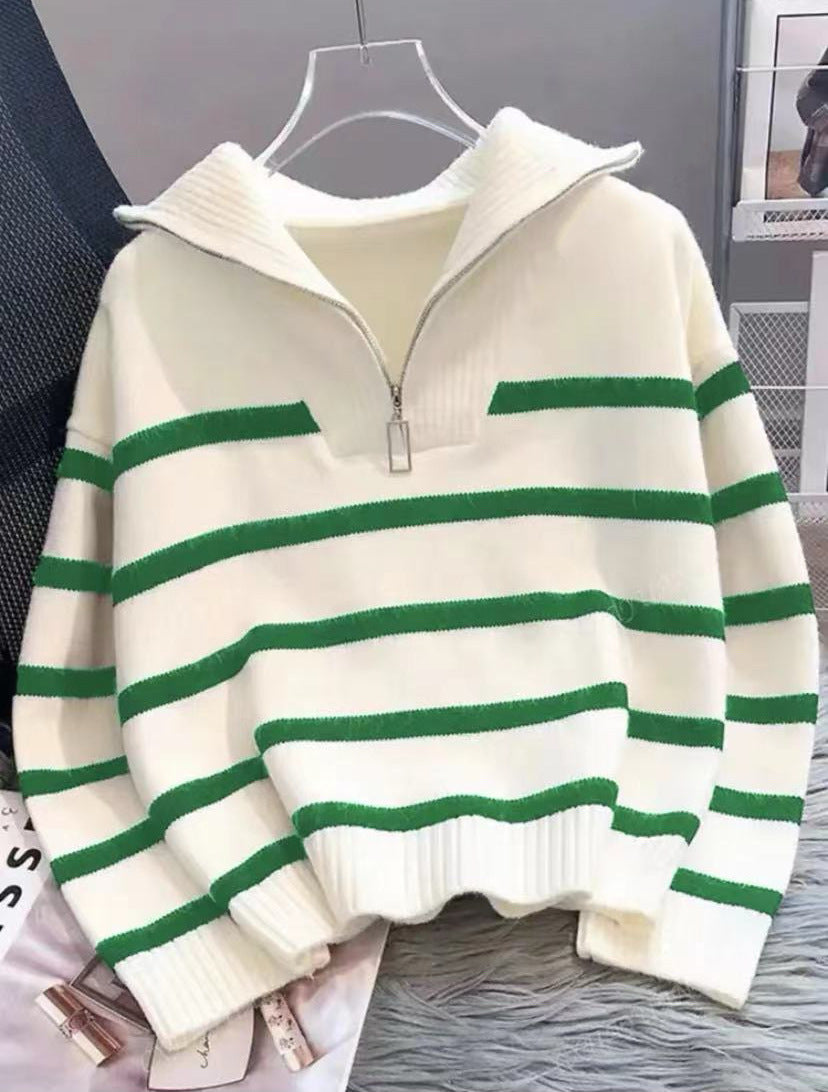 Women's Striped Half-Zip Knit Sweater with Ribbed Collar Mune Fashion
