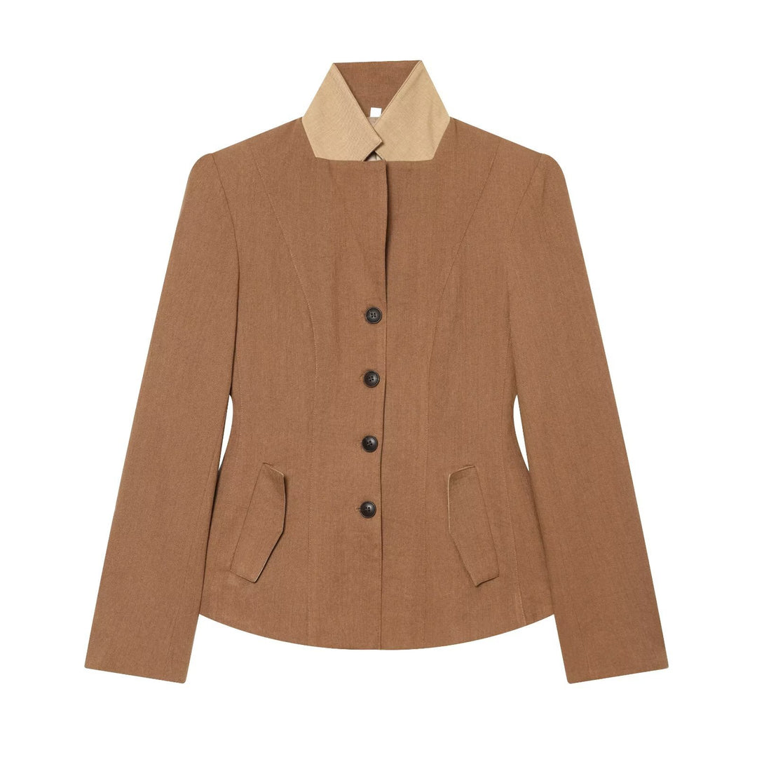 Women Tailored Blazer with Stand-up Collar Shaping Darts and Flap Pockets Mune Fashion