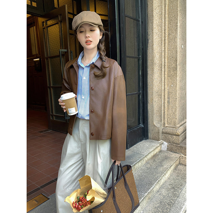 Women Short Boxy Leather Jacket with Shirt Collar Mune Fashion