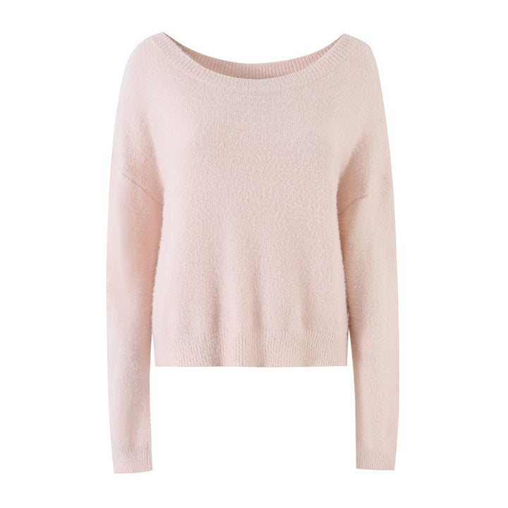Women's Soft Cropped Sweater with Boat Neck and Oversized Shoulders Mune Fashion