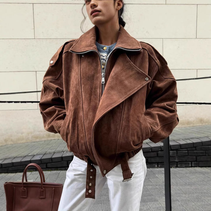 Women Oversized Suede Bomber Jacket with Waist Belt and Shawl Collar Mune Fashion