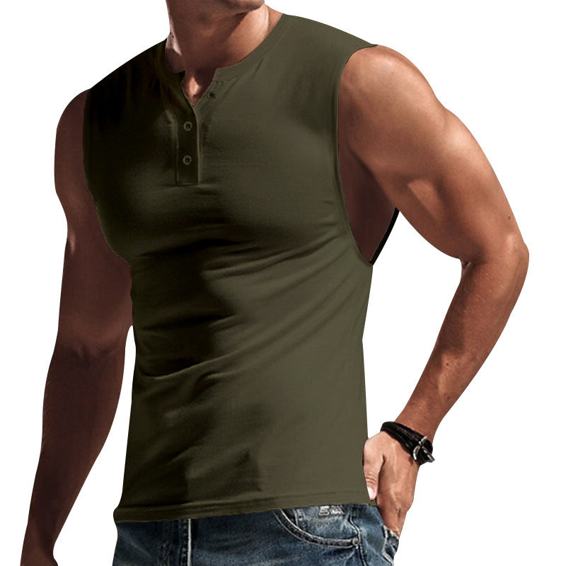 Men's sleeveless muscle shirt with Henley button placket, deep armhole, and elastic cotton blend Mune Fashion