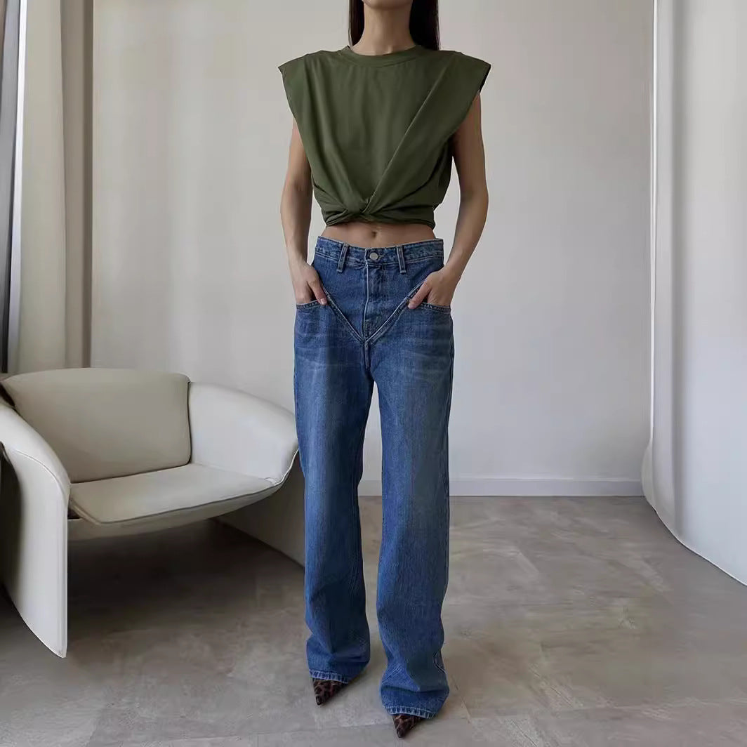 Women's high-waisted wide denim pants with V-shaped waistband seam and extra-long leg Mune Fashion
