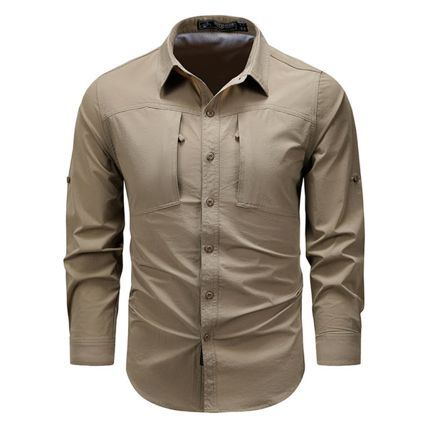 Men's lightweight technical outdoor shirt with roll-up sleeves, chest pockets, and breathable ripstop fabric