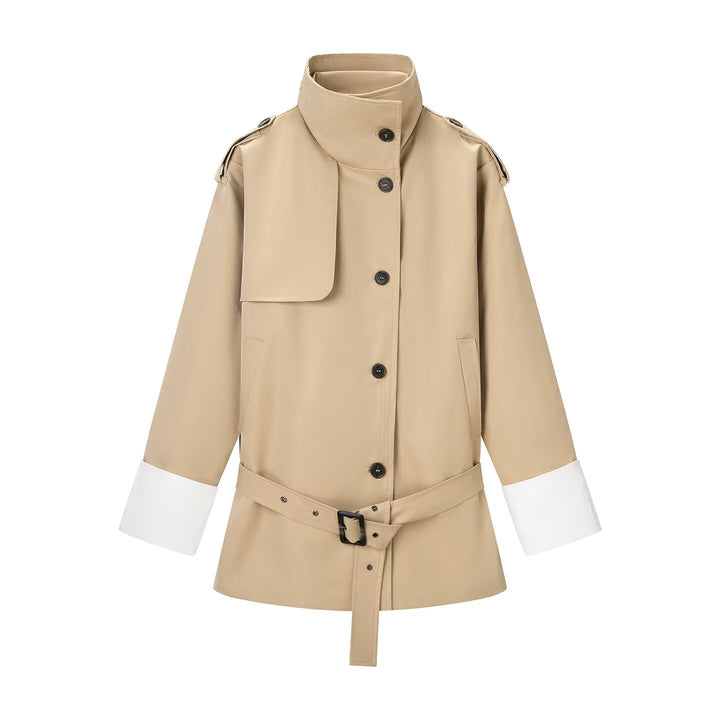 Women Short Trench with High Stand Collar, Epaulettes, and Shaping Belt Mune Fashion