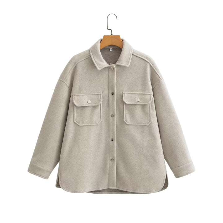 Women Oversize Wool Blend Shacket with Snap Button Front and Patch Pockets Mune Fashion