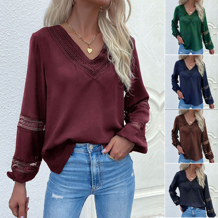 Ladies satin blouse with V-neck, decorative lace yoke and sleeves with lace insert Mune Fashion
