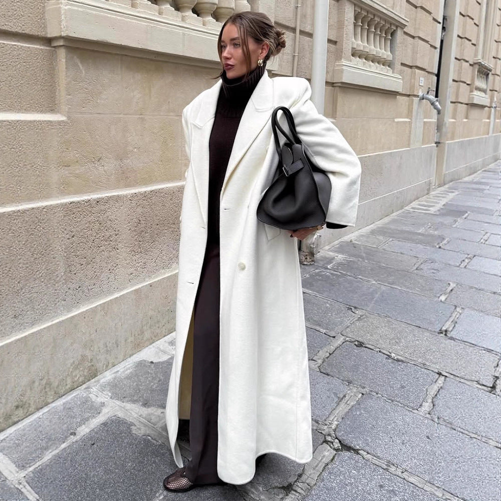 Women's Maxi Double-Breasted Wool Blend Coat with Oversized Cut and Lapel Collar Mune Fashion