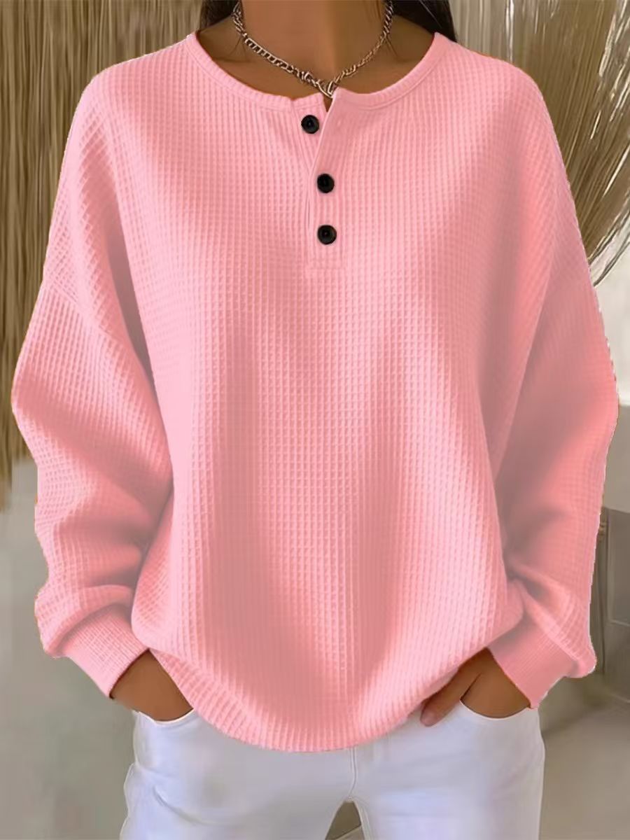 Women's Oversized Waffle Knit Henley Sweater with Button Placket and Rounded Hem Mune Fashion