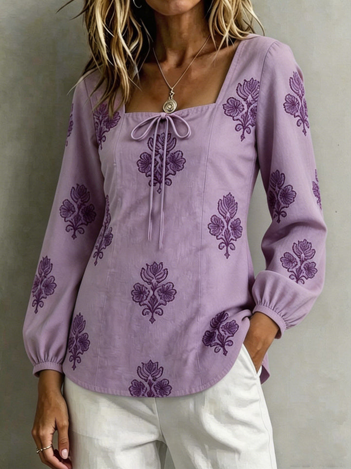 Women's Embroidered Tunic Blouse with Square Neckline and Feminine Balloon Sleeves Mune Fashion
