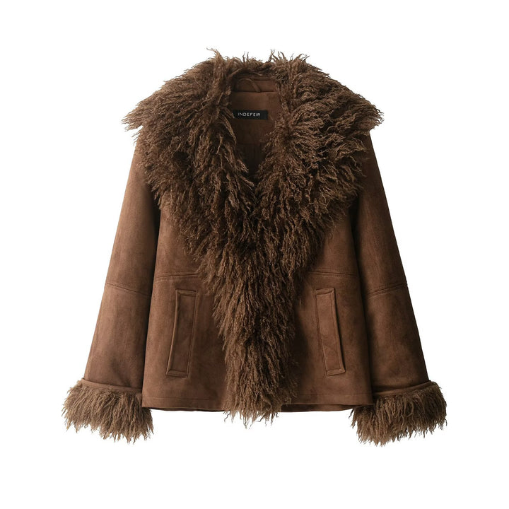 Women's Lambskin Look Coat with Voluminous Teddy Collar Mune Fashion