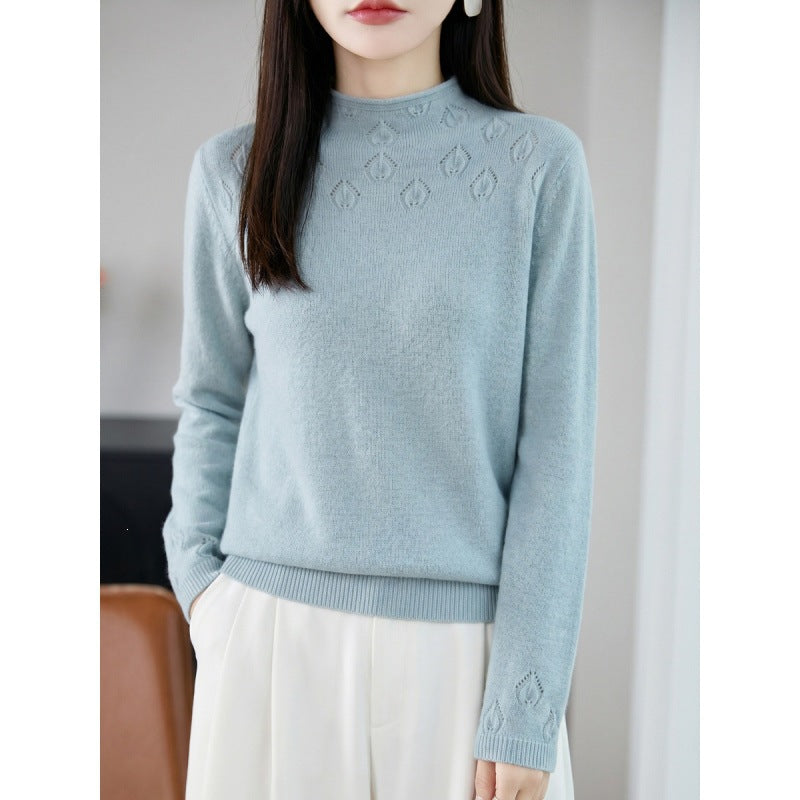 Women's Lightweight Stand Collar Sweater with Floral Lace Yoke and Fine Rib Edge Mune Fashion
