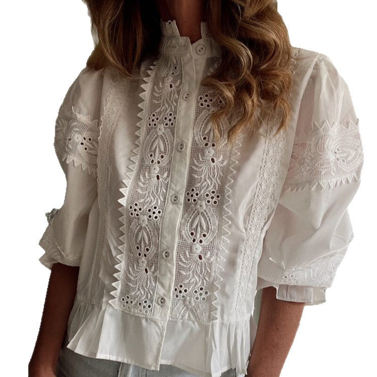 Ladies Broderie-Anglaise blouse with stand-up collar, ruffled hem and balloon sleeves Mune Fashion
