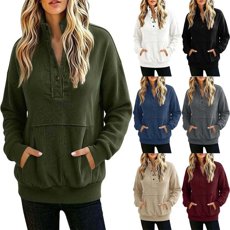 Women's ribbed Henley pullover with stand collar and kangaroo pocket Mune Fashion