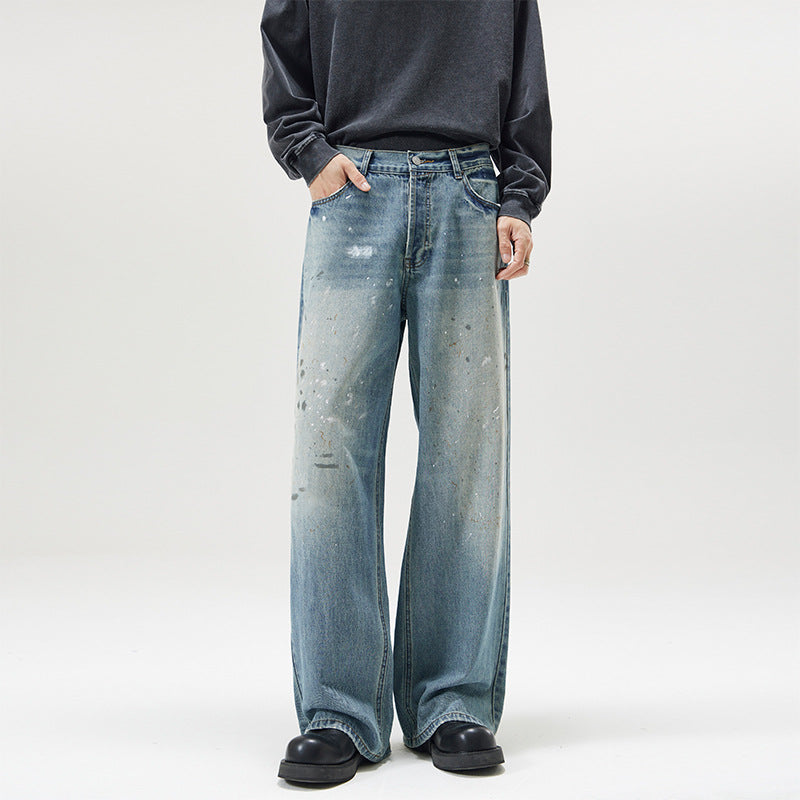 Men's wide baggy jeans with paint splatter effect and vintage wash Mune Fashion