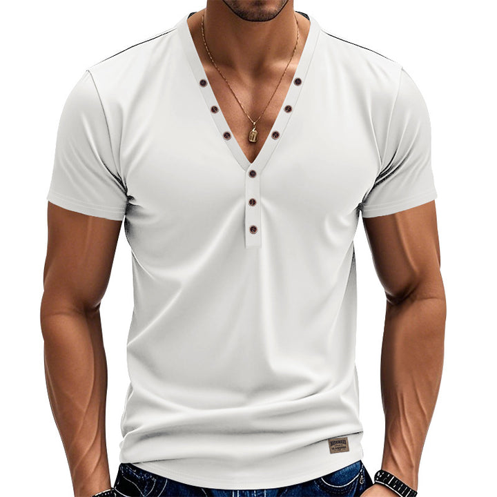 Men's tailored short-sleeve Henley shirt made of cotton-elastane with a deep V-neckline and decorative button placket Mune Fashion