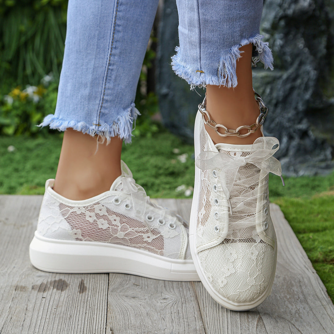 Women’s Platform Sneaker with Lace Overlay and Transparent Organza Straps Mune Fashion