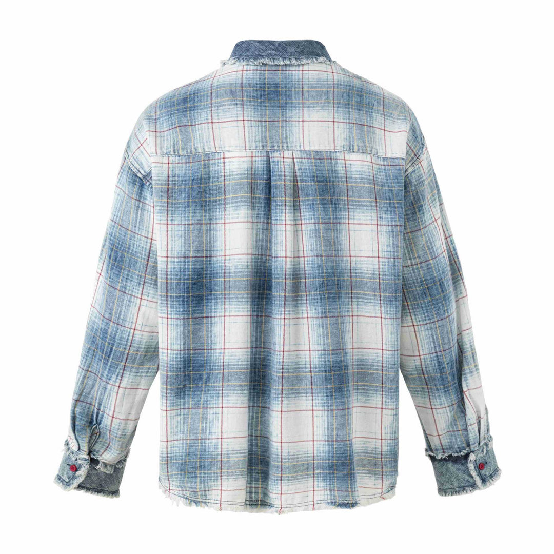 Women's Oversize Checked Shirt Jacket with Denim Applications and Frayed Edges Mune Fashion
