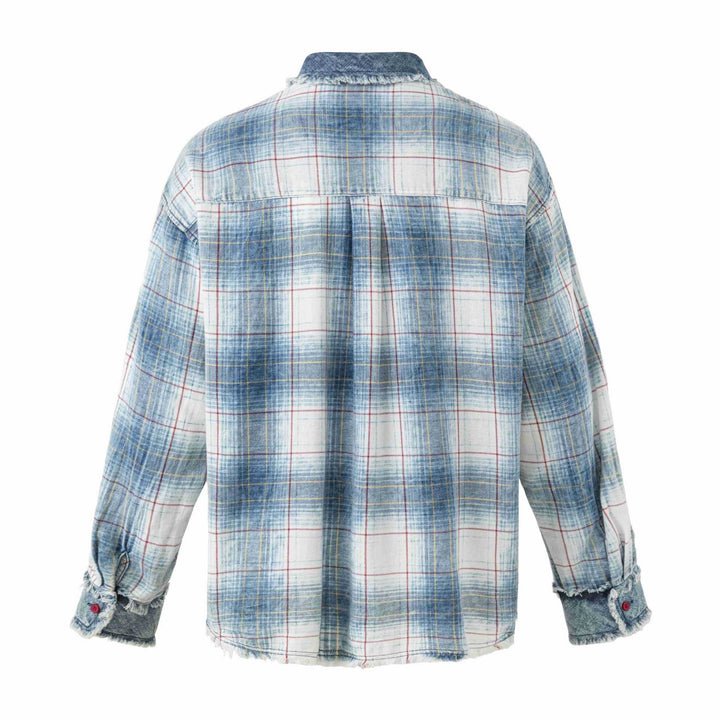 Women's Oversize Checked Shirt Jacket with Denim Applications and Frayed Edges Mune Fashion