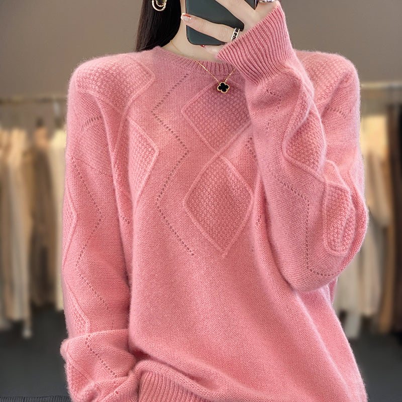 Women's Soft Diamond Pattern Sweater in Mohair Look with Fine Openwork Structure and Round Neckline Mune Fashion