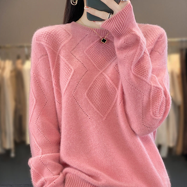 Women's Soft Diamond Pattern Sweater in Mohair Look with Fine Openwork Structure and Round Neckline Mune Fashion