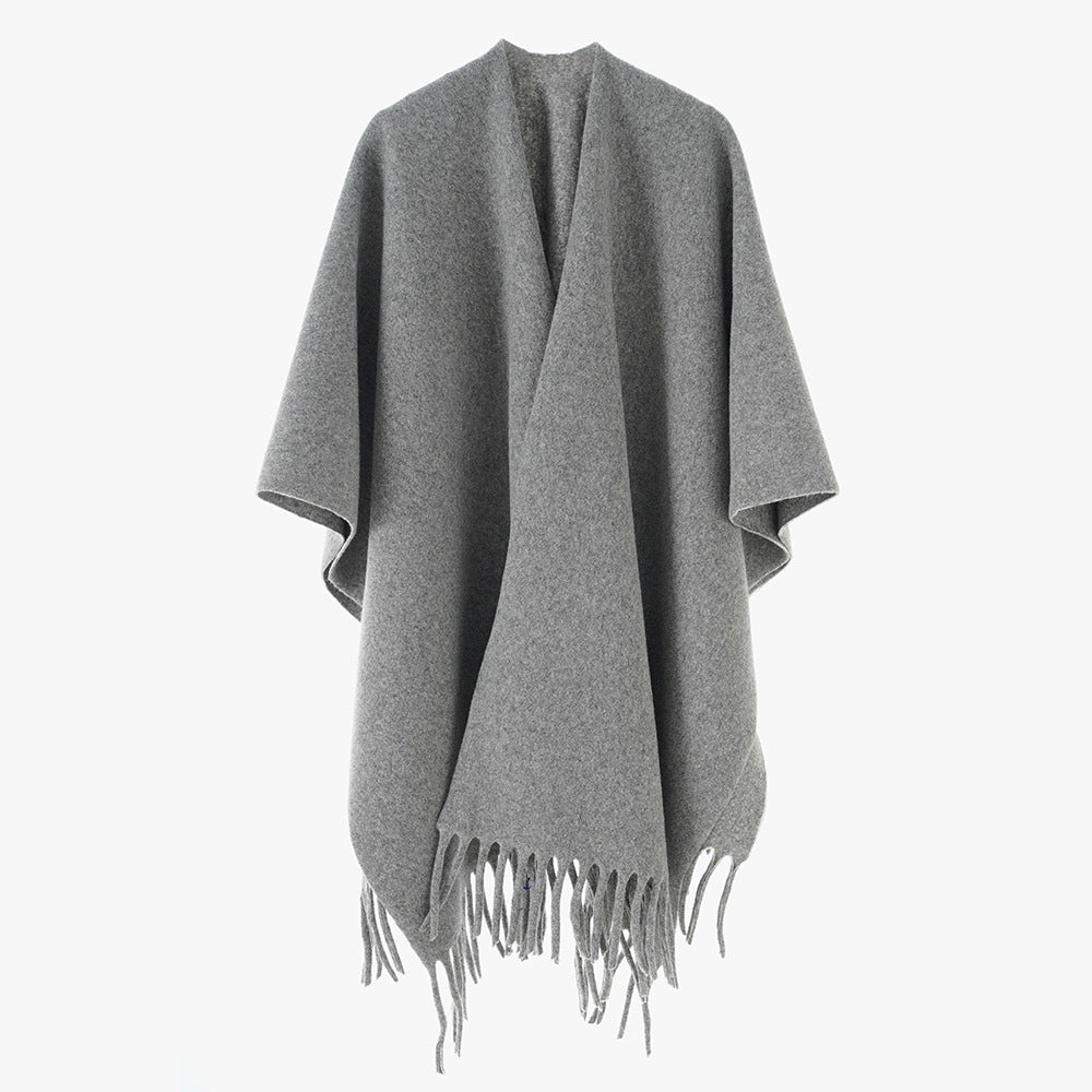 Women's Cashmere-Look Cape Poncho with Fringes and Open Oversized Cut Mune Fashion