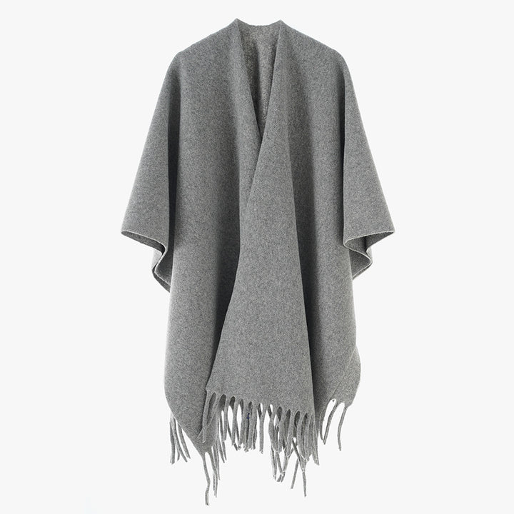 Women's Cashmere-Look Cape Poncho with Fringes and Open Oversized Cut Mune Fashion