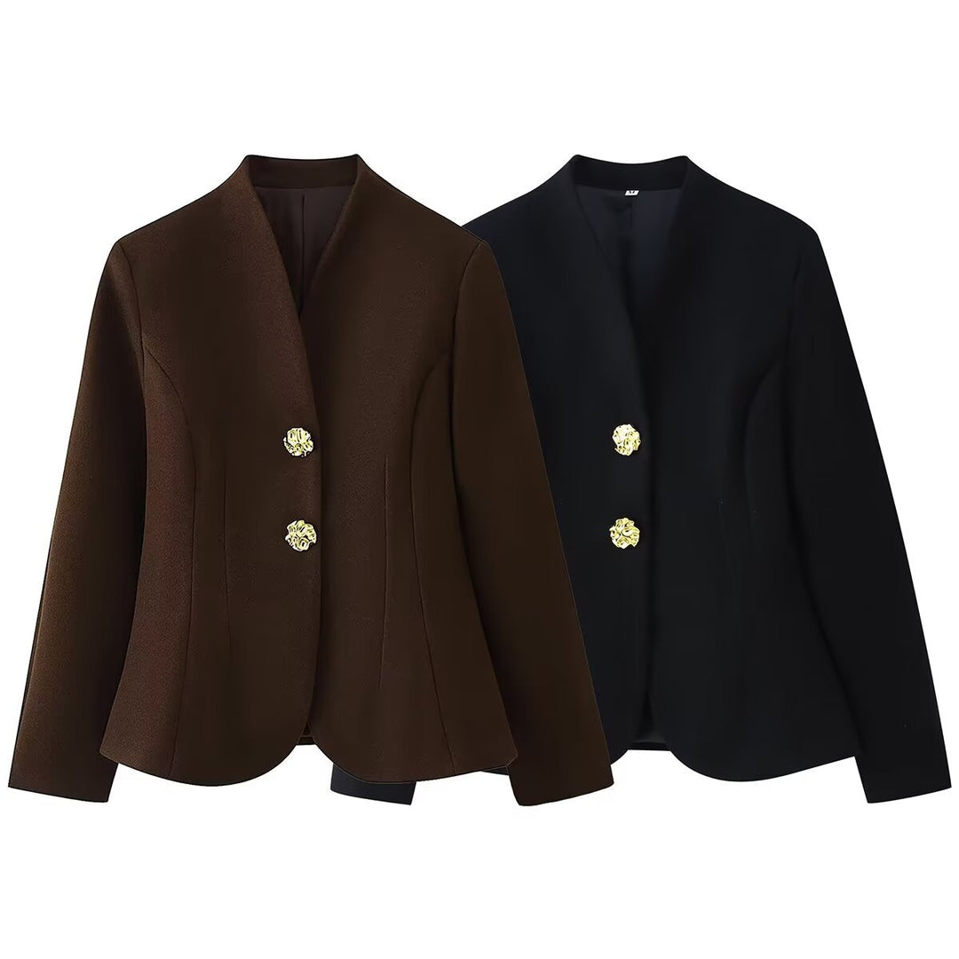 Women Tailored Blazer without Lapels with Golden Decorative Buttons Mune Fashion