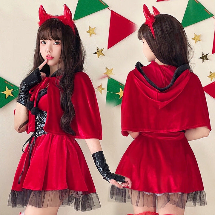 Women's Devil Costume with Hood and Ruffles Mune Fashion