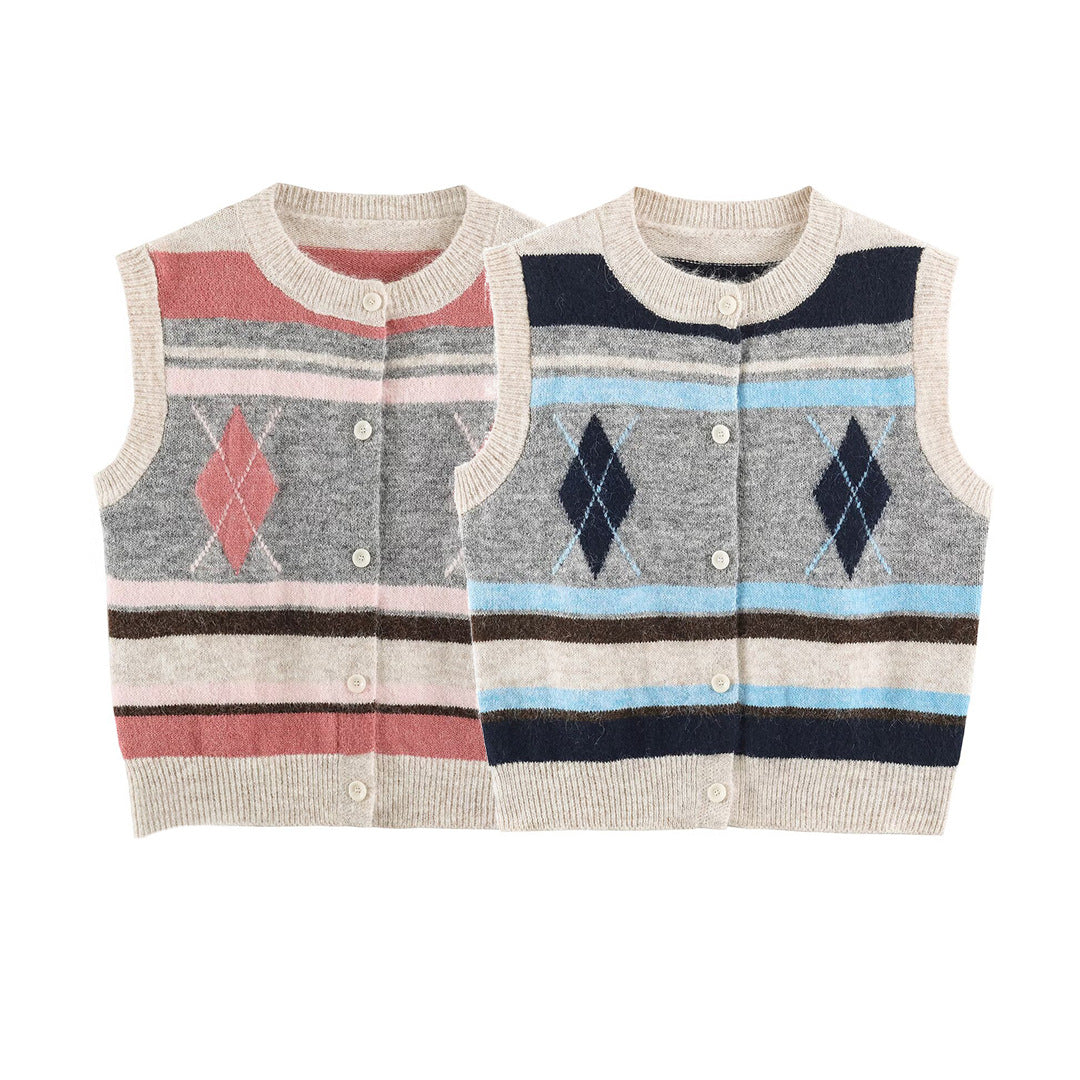 Ladies Sleeveless Argyle Knitted Vest with Continuous Button Placket and Ribbed Hem Mune Fashion