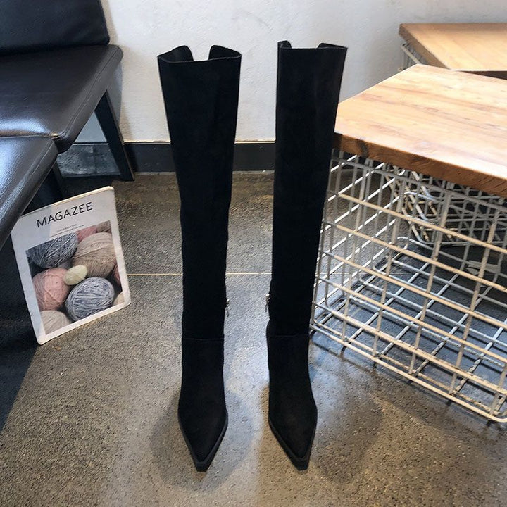 Women's over-the-knee boots in velour look with pointed toe shape and slim heel Mune Fashion