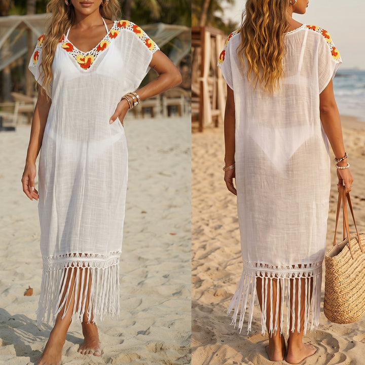 Women's airy crochet beach cover-up with fringed embellishments Mune Fashion